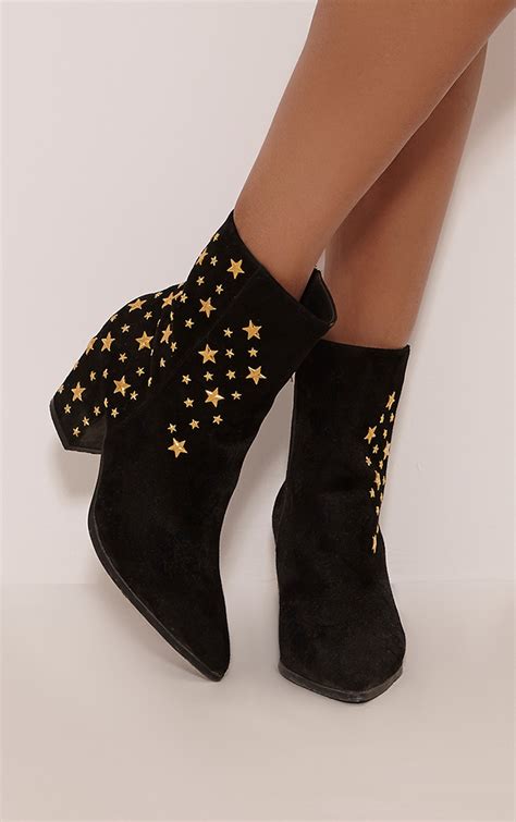Arrabella Black Faux Suede Star Studded Ankle Boots Prettylittlething