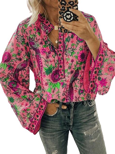 Women Shirts Casual V Neck Bohemian Boho Floral Print Shirts Women Top