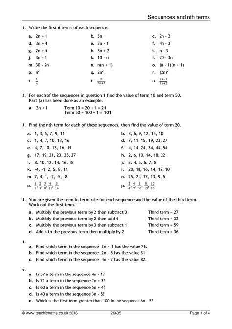 A 1 = 1 st term in the sequence. A worksheet on the nth term and term-to-term rule of sequences