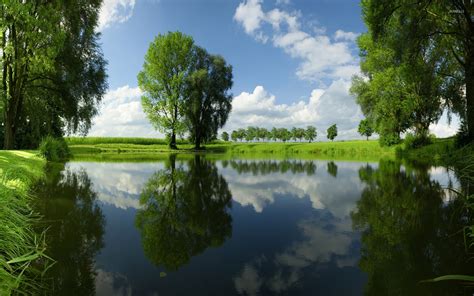 Beautiful Green Nature Reflecting In The Mirror Of The Lake Wallpaper
