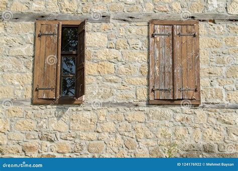 Window On Old Stone Wall Stock Photo Image Of Curtain 124176922