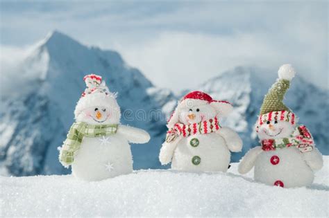 Happy Snowman Friends Stock Image Image Of Mountain 16772801