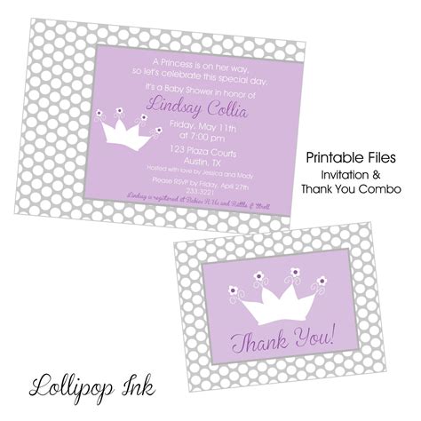 Say thank you for all of those adorable gifts you received on your shower day with this thank you card wording. Purple Princess Baby Shower Printable Invitation and Thank ...