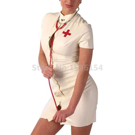 White Latex Nurse Uniform Dress Fetish Costume Front Buckle Plus Size