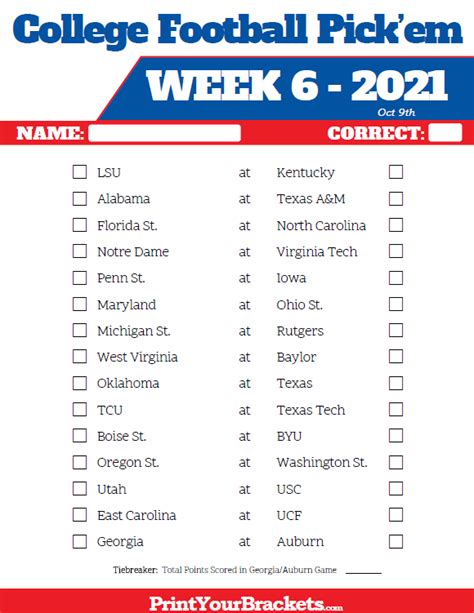Printable Week 6 College Football Pickem Sheets 2021