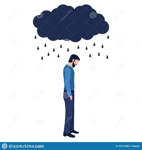 Isolated Sad Man Under A Cloud And Rain On A White Background Concept