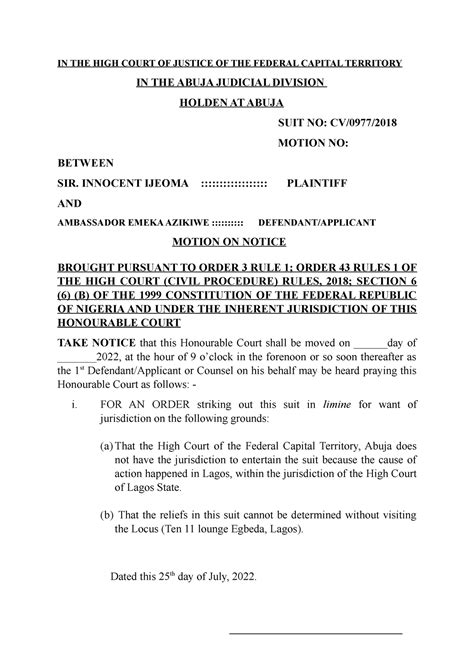 Notice Of Preliminary Objection Fct High Court In The High Court Of