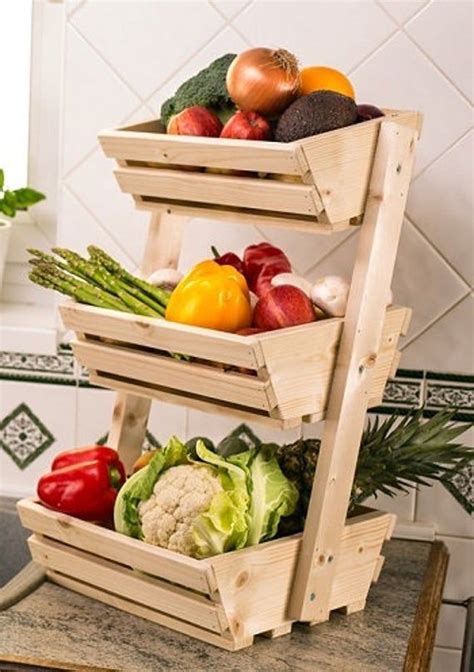 3 Tier Wooden Vegetable Fruit Food Storage Rack Angled In 2020 Wooden