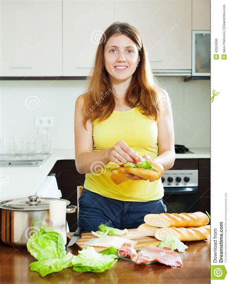 Woman Cooking Sandwiches With Vegetables And Hamon Stock Photo Image Of Baguette Food