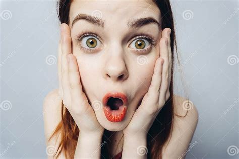 Pretty Woman With Open Mouth Surprised Look Emotions Hands On Face Stock Image Image Of Hands