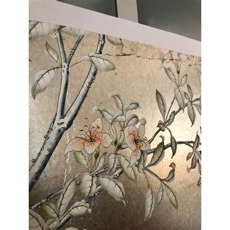 Handpainted Chinoiserie Wallpaper Panel Silver Metal Leaf
