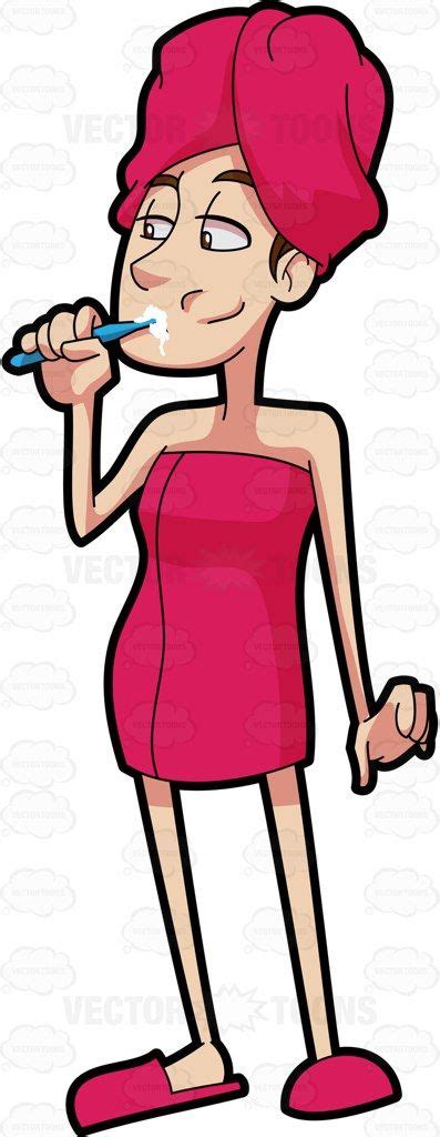 A Woman Brushes Her Teeth After A Shower Vector Graphics