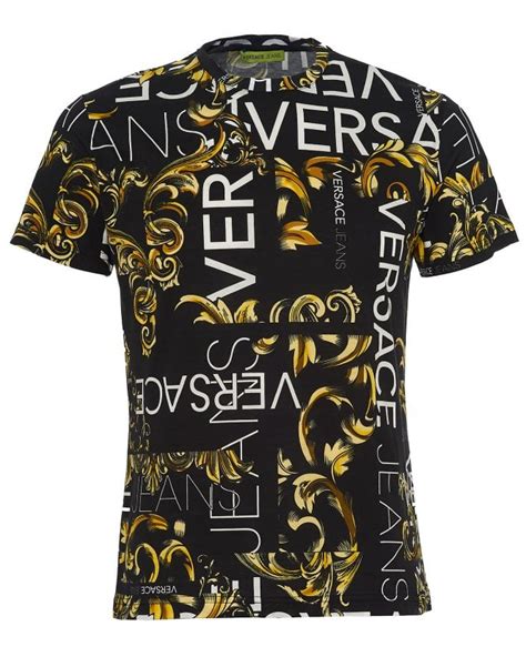 Versace Jeans Mens All Over Baroque Print T Shirt Black Gold Tee
