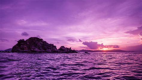 Nature Sea Sunset Island Purple Wallpapers Hd