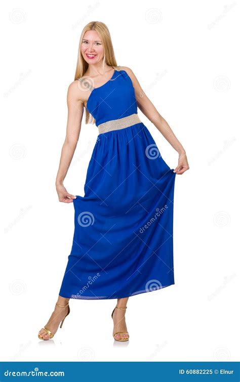 La Belle Femme Dans La Longue Robe Bleue Disolement Dessus Image Stock
