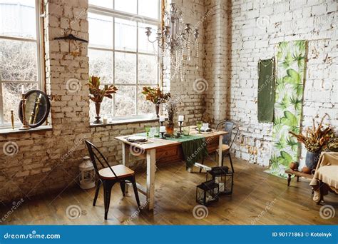Loft Interior With Brick Wall Table And Chairs Stock Image Image Of