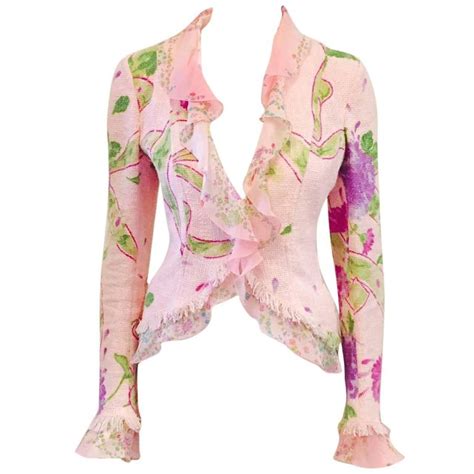 Emanuel Ungaro Pink Floral Cotton And Linen Blend Fitted Jacket W Silk