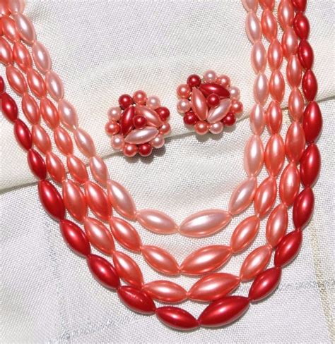 Multi 4 Strand Red And Shades Of Peach Bead Necklace And Clip Earring Set Hong Kong Earring Set