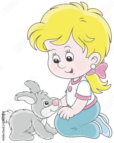 Little Smiling Girl Playing With Her Small Grey Rabbit Vector