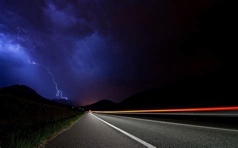 Photography Landscape Nature Night Lightning Storm Road Long Exposure