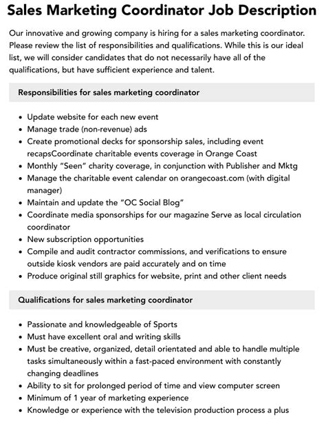 Sales Marketing Coordinator Job Description Velvet Jobs