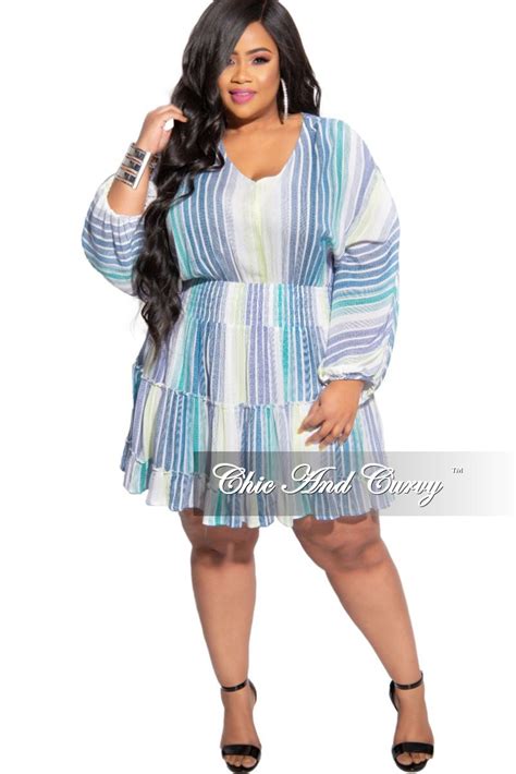Final Sale Plus Size Baby Doll Dress In Blue Multi Stripe Chic And Curvy