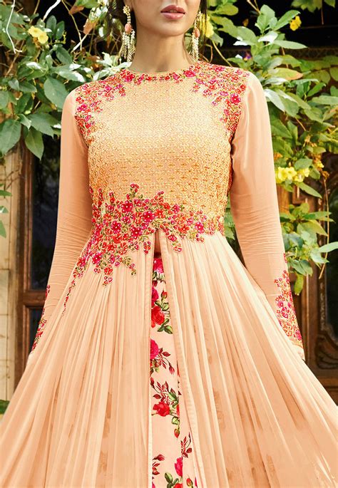 Buy Embroidered Georgette Lehenga In Pastel Orange Online Lcc178 Utsav Fashion