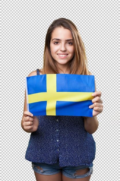 Premium Psd Young Woman Holding A Sweden Flag On White