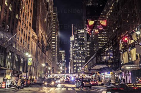 Usa New York City Street Scene At Night Stock Photo