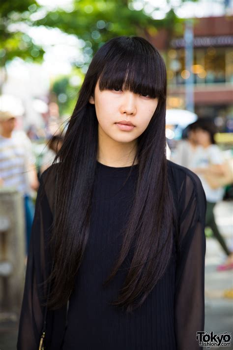 Beautiful asian woman with a black healthy hair. Japanese Fashion Model's All Black Minimalist Fashion ...