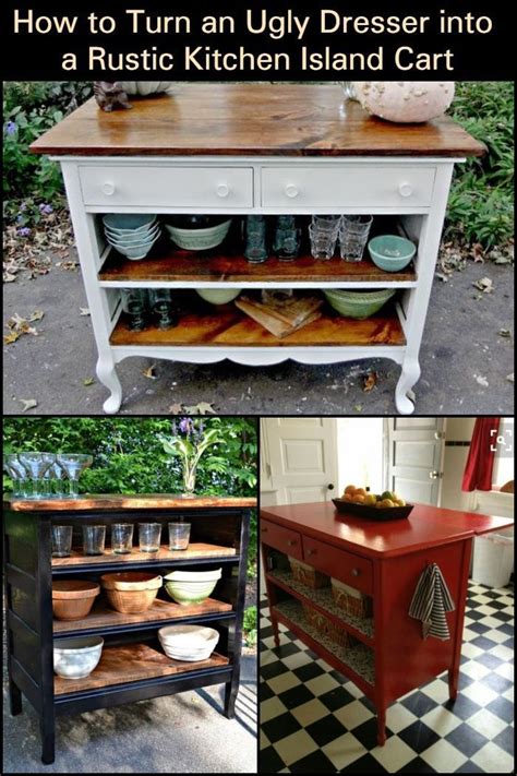 An Old Dresser Turned Into A Kitchen Island With Plates And Bowls On It