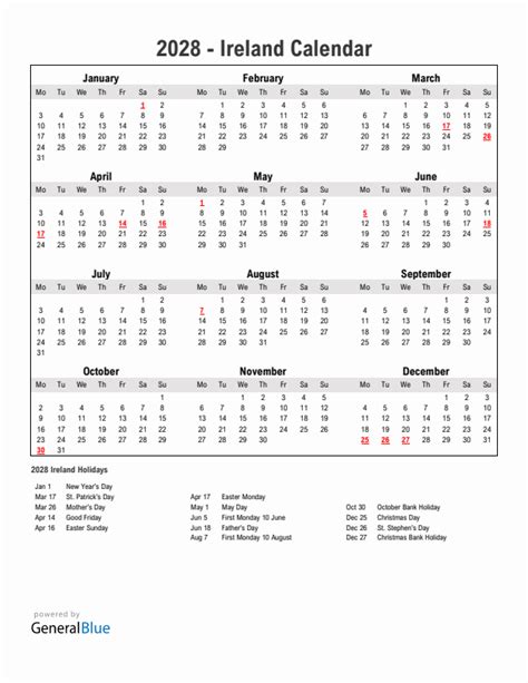 2028 Ireland Calendar With Holidays