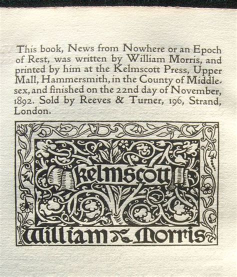 William Morris The Kelmscott Press Colophon News From Nowhere 1892