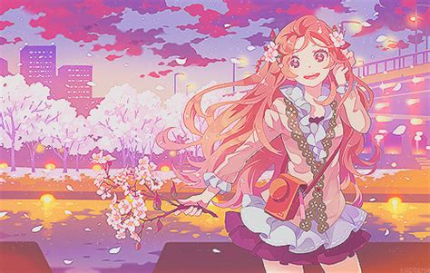 Girl Cute Happy Anime Kawaii Sky Bag Flower Smile Cherry