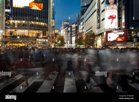 Horizontal View Of The Pedestrian Hustle And Bustle In Shibuya Crossing