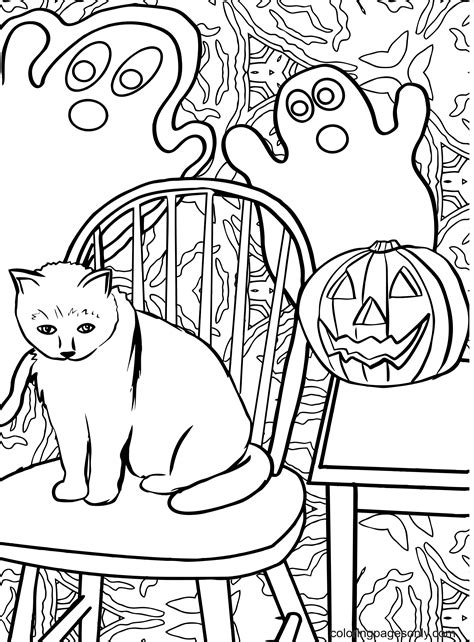 Halloween Cat With Pumpkin And Ghost Coloring Page Free Printable
