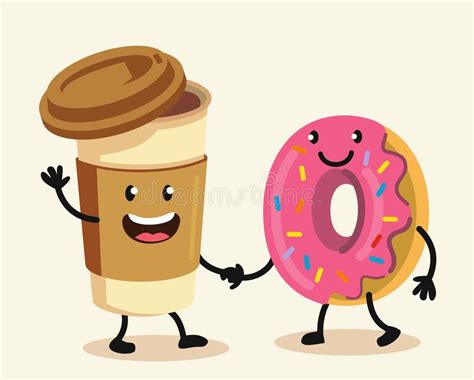 Funny Cartoon Characters Coffee And Donut Stock Vector Illustration