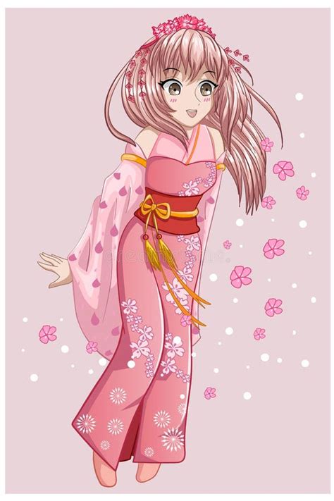 A Beautiful Pink Long Hair Anime Girl Japanese Wearing Pink Kimono With
