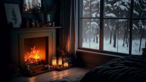 Cozy Winter Ambience With A Crackling Fireplace And Blizzard Sounds For