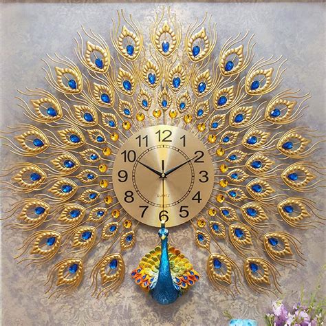 D Large Wall Clock Luxury Peacock Metal Living Room Wall Watch Home