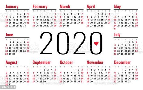 Calendar 2020 Week Starts On Sunday Simple Ready Design Template Stock