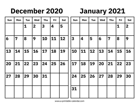 December 2020 And January 2021 Calendar A Printable Calendar