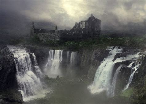 Waterfall Ruins Scenery Waterfall Castle