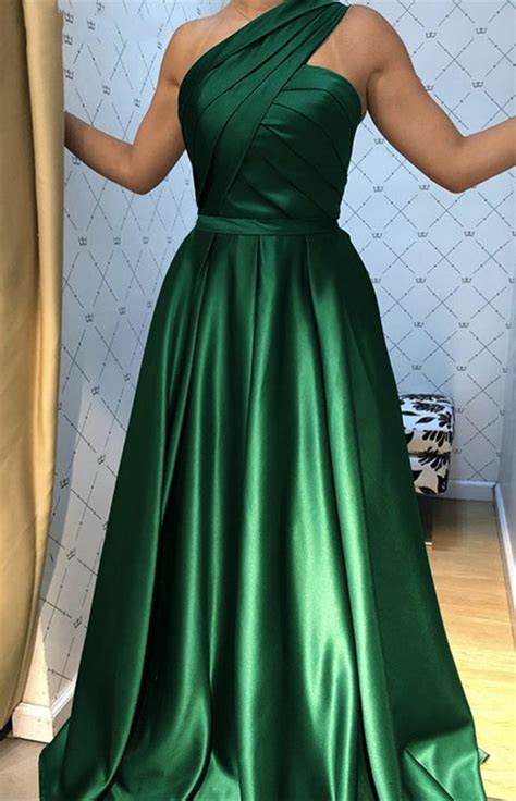 One Shoulder A Line Satin Emerald Green Formal Evening Dressprom Part Siaoryne