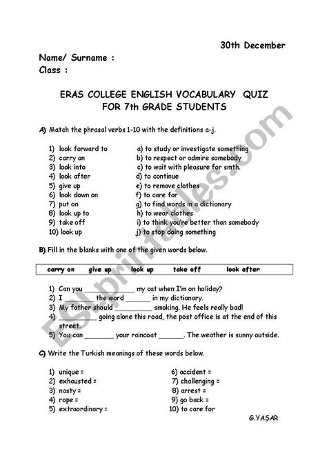 Vocabulary worksheets for grade 6. English worksheets: Vocabulary Quiz for 7th grade students