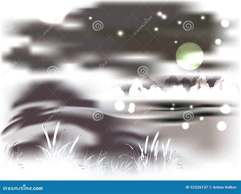 Mountains And Lake On A Moonlit Night Stock Vector Illustration Of Bright Flora