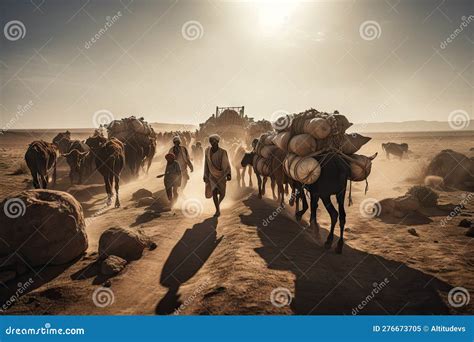 Nomadic Tribe Setting Up Camp With Tents Animals And Fire Stock Photo