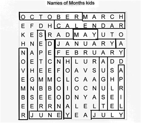 Calendar Word Search Puzzle Solution Kids Activity