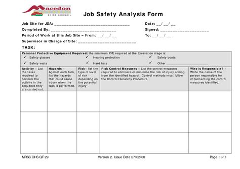 Job Safety Analysis Form Template