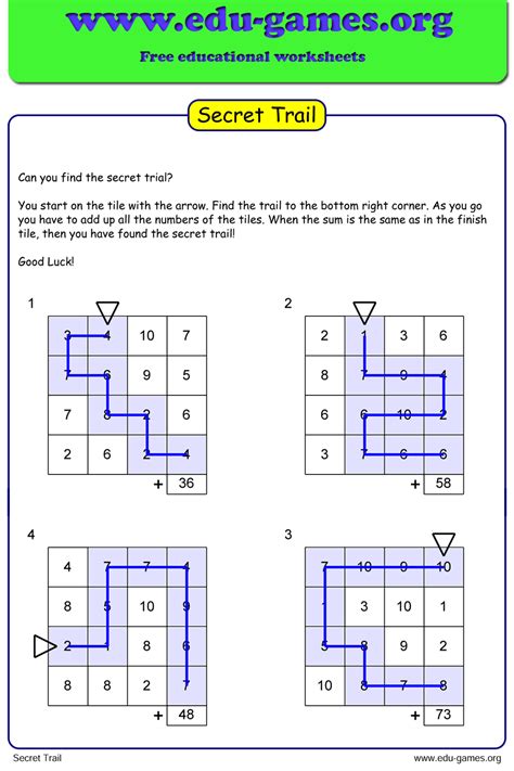 Secret Trail Worksheet | Printable math game worksheets